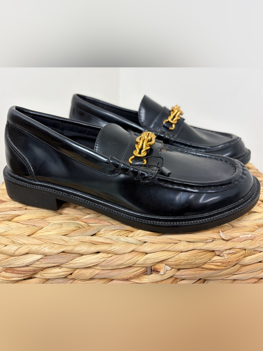 Mango Black Leather Loafers with Gold Chain Accent